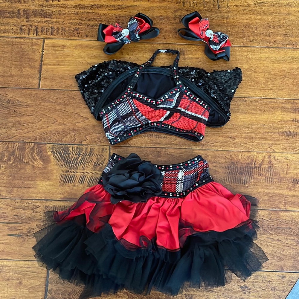 Custom Dolce Dance Wear dance costume. Ruffled skirt, black white and red. CS